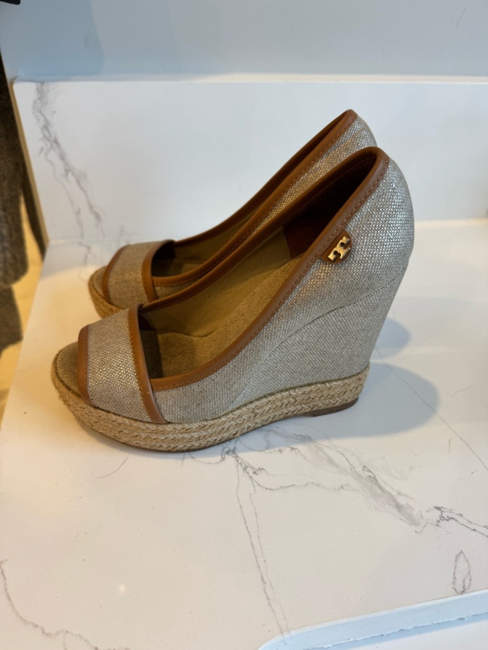 Tory Burch Natural Canvas Espadrille Wedge with Tan Trim- Size 6 - Picture 6 of 6